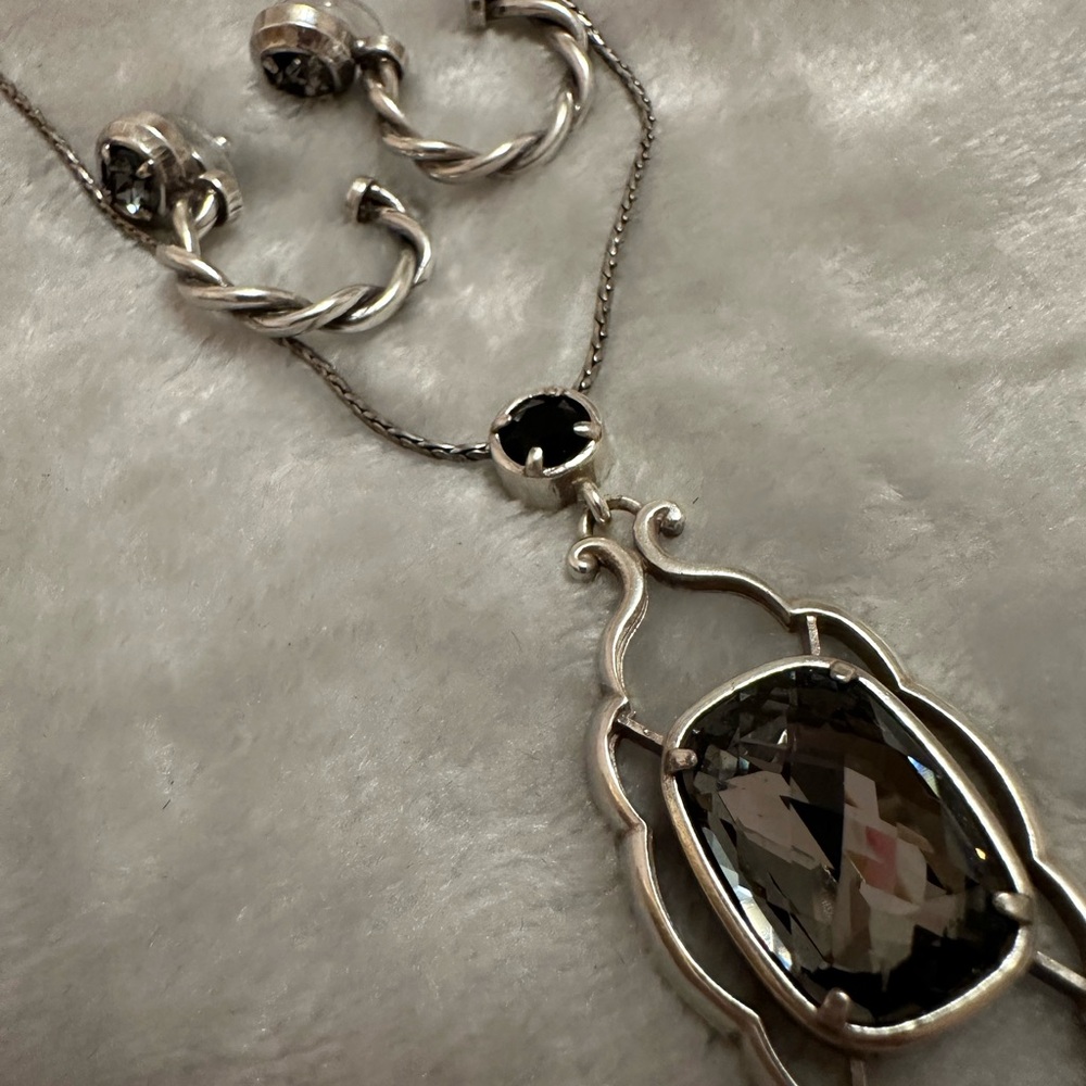 Brighton Silver and Black Necklace with Intricate Pendant and matching earrings